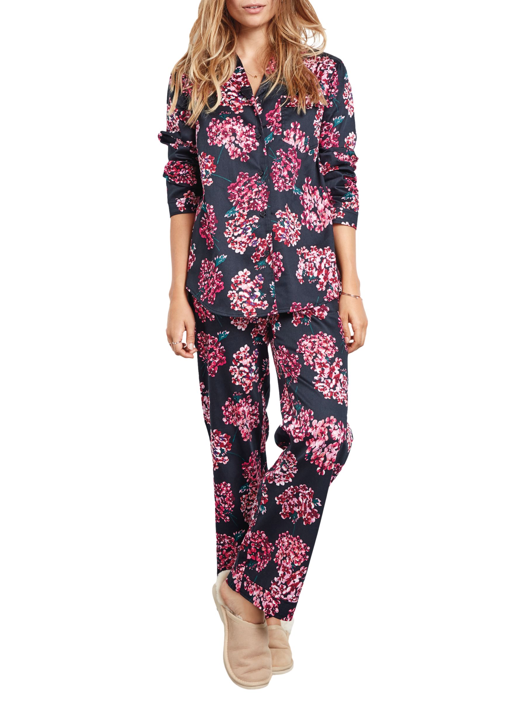 hush Hydrangea Cotton Pyjamas, Long, Navy/Pink, S