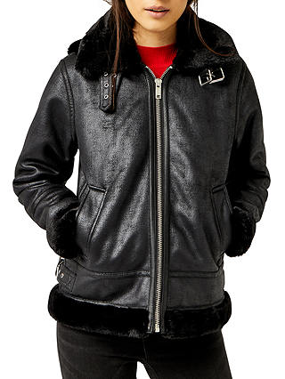 Warehouse Faux Leather Hooded Biker Jacket, Black