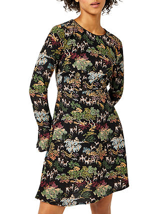 Warehouse Deer Woodland Print Fluted Dress, Black Pattern