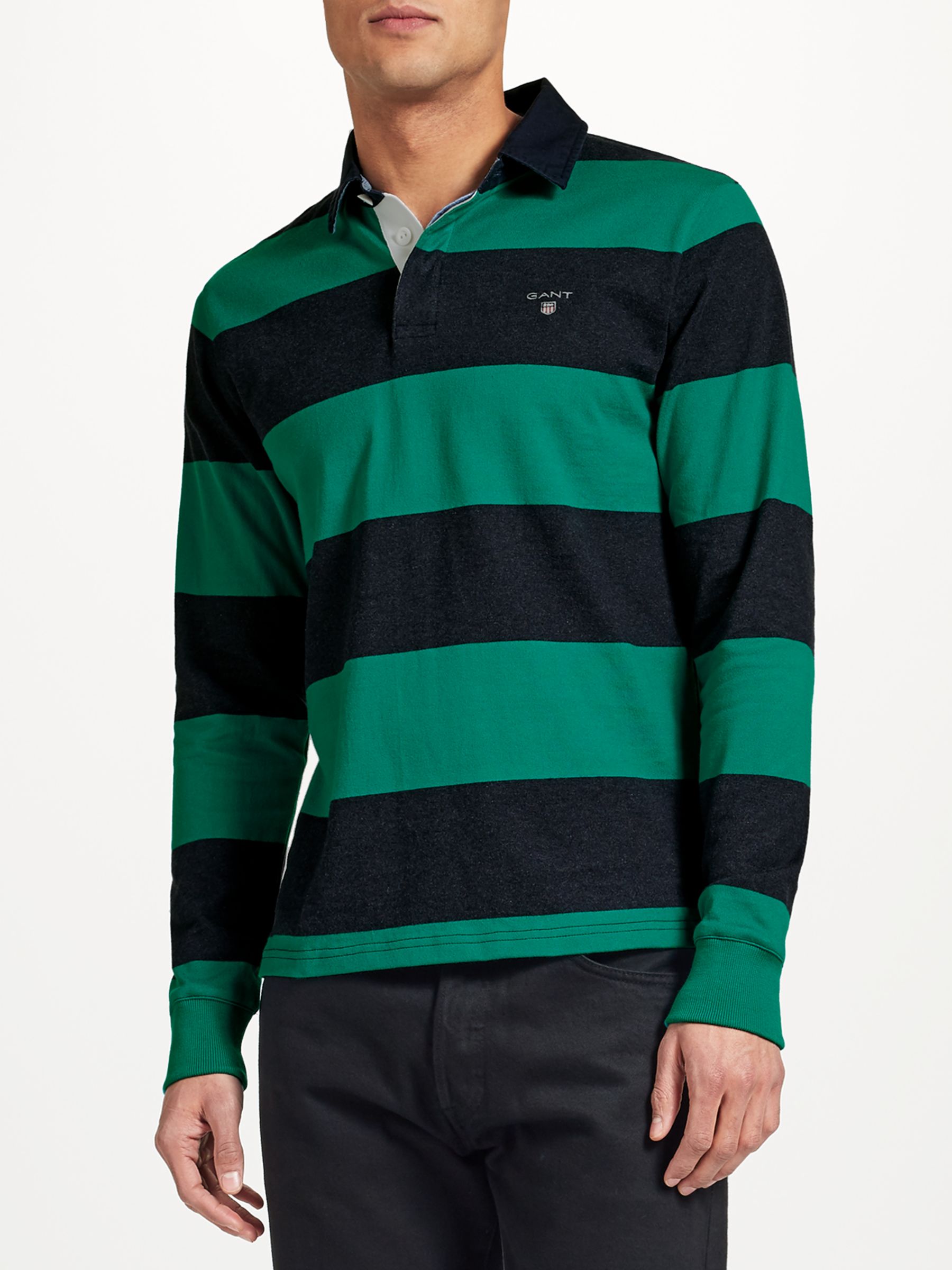 GANT Rugger Bar Stripe Heavy Jersey Rugby Shirt, Emerald Green, L