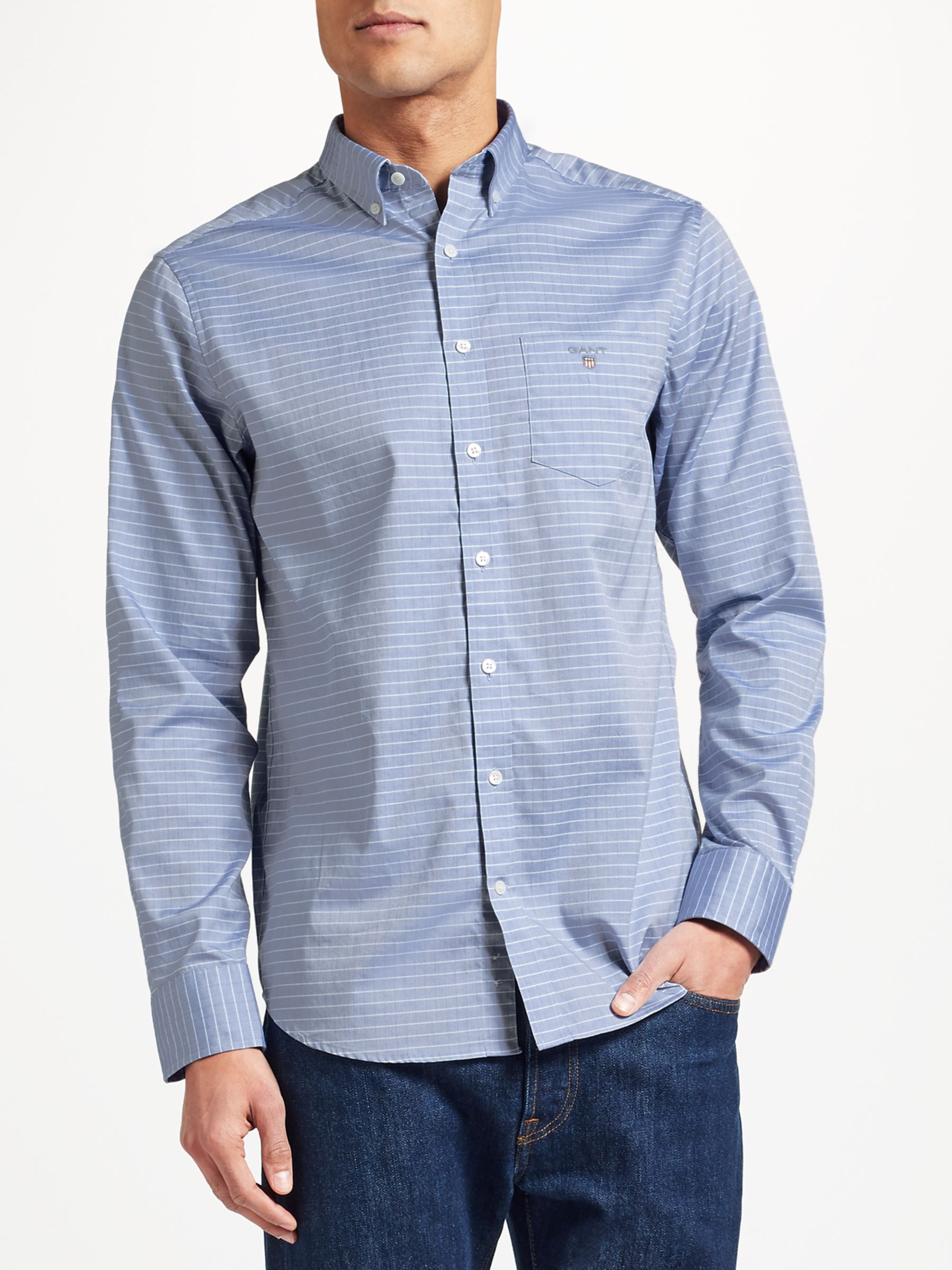 GANT Two Ply 80s Pinpoint Cotton Check Oxford Shirt, Blue at John Lewis ...