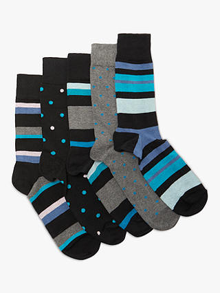 John Lewis & Partners Stripe Spot Socks, Pack of 5, Blue