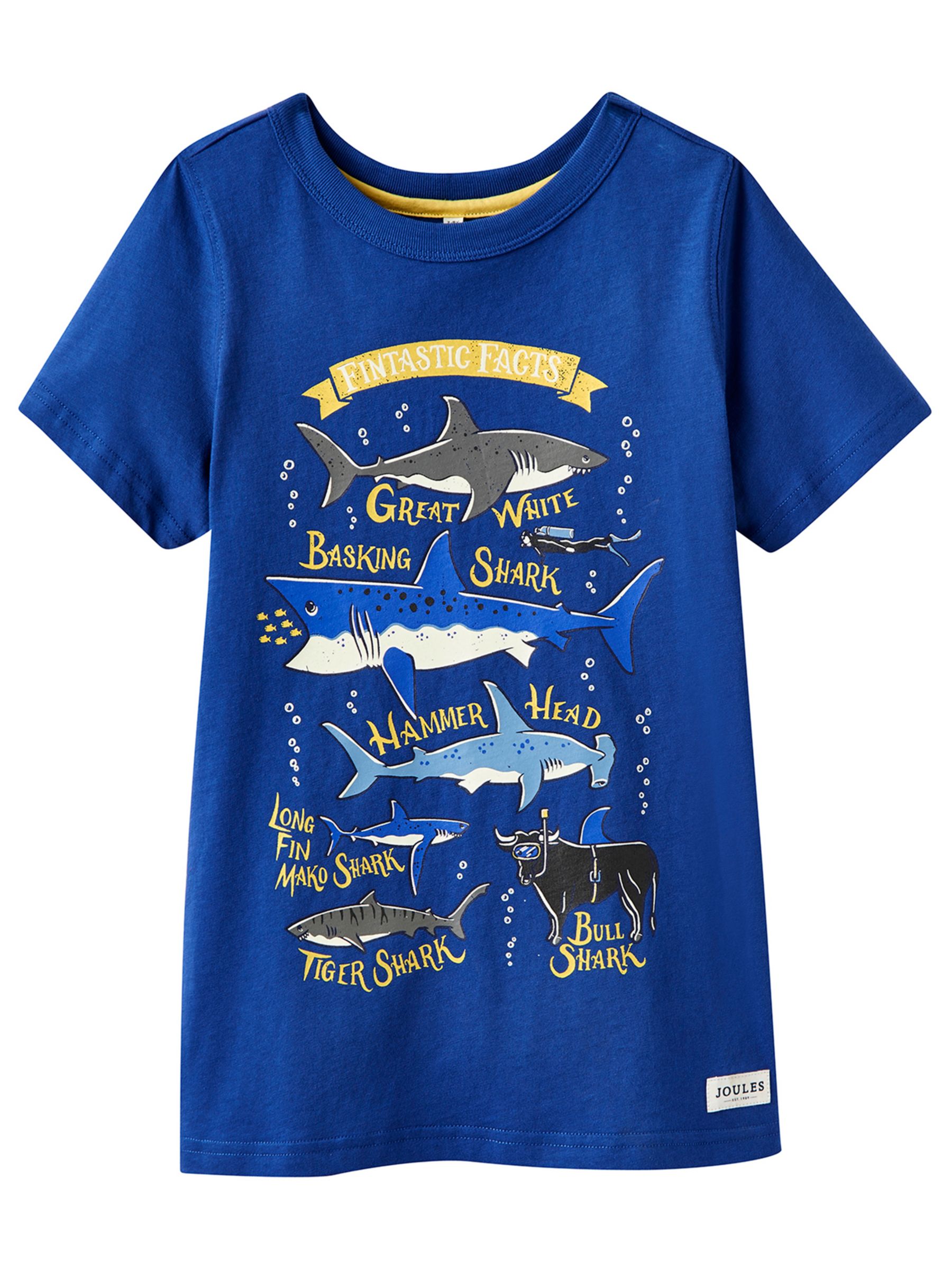 Little Joule Boys' Shark Print T-Shirt, Blue at John Lewis & Partners