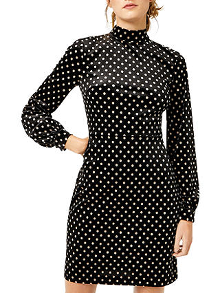 Warehouse Patterned Polka Dot Velvet Dress, Black Pattern