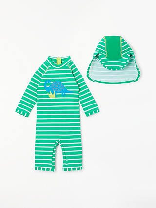 John Lewis & Partners Baby Dino UV SunPro Swimsuit and Hat, Pool Green