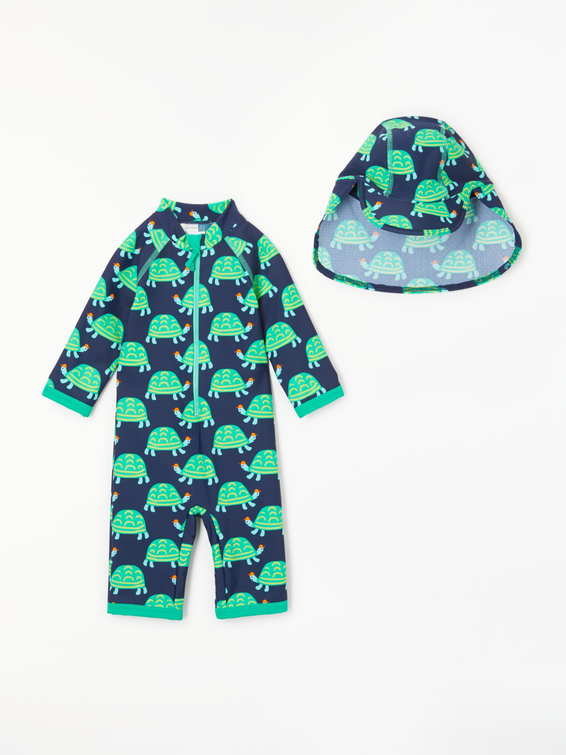 John Lewis & Partners Baby Tortoise UV SunPro Swimsuit and Hat, Navy/Green, 9-12 months
