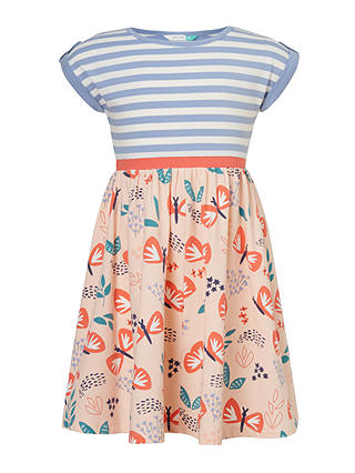 John Lewis & Partners Girls' Butterfly Stripe Dress, Blue/Pink