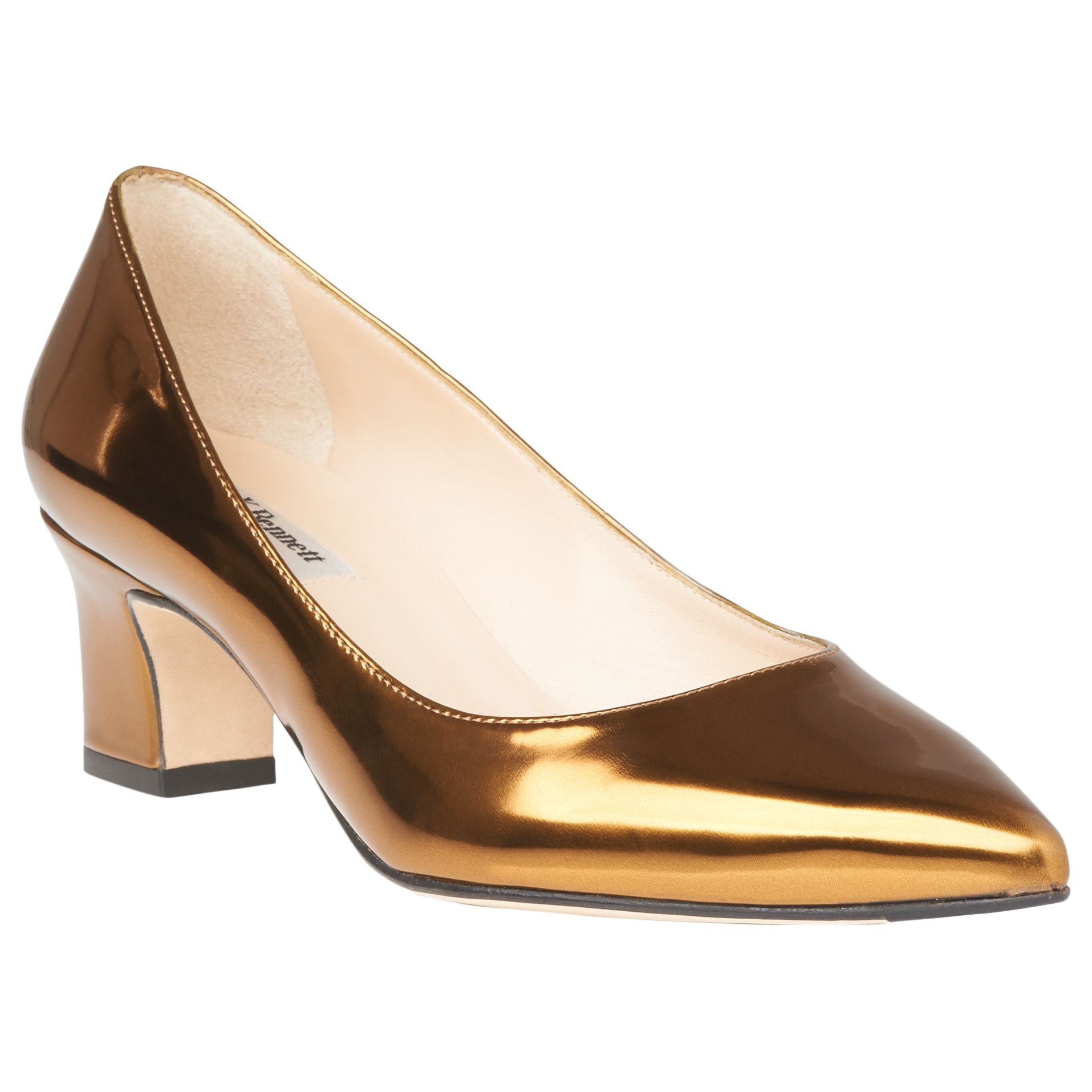 gold block heel court shoes