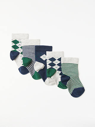 John Lewis & Partners Baby Cotton Rich Argile Print Socks, Pack of 5, Navy/Green