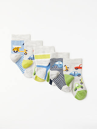 John Lewis & Partners Baby Cotton Rich Car Socks, Pack of 5, Multi
