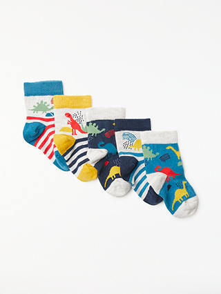 John Lewis & Partners Baby Cotton Rich Dino Print Socks, Pack of 5, Multi