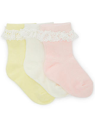 John Lewis & Partners Baby Cotton Rich Lace Socks, Pack of 3, Pastel