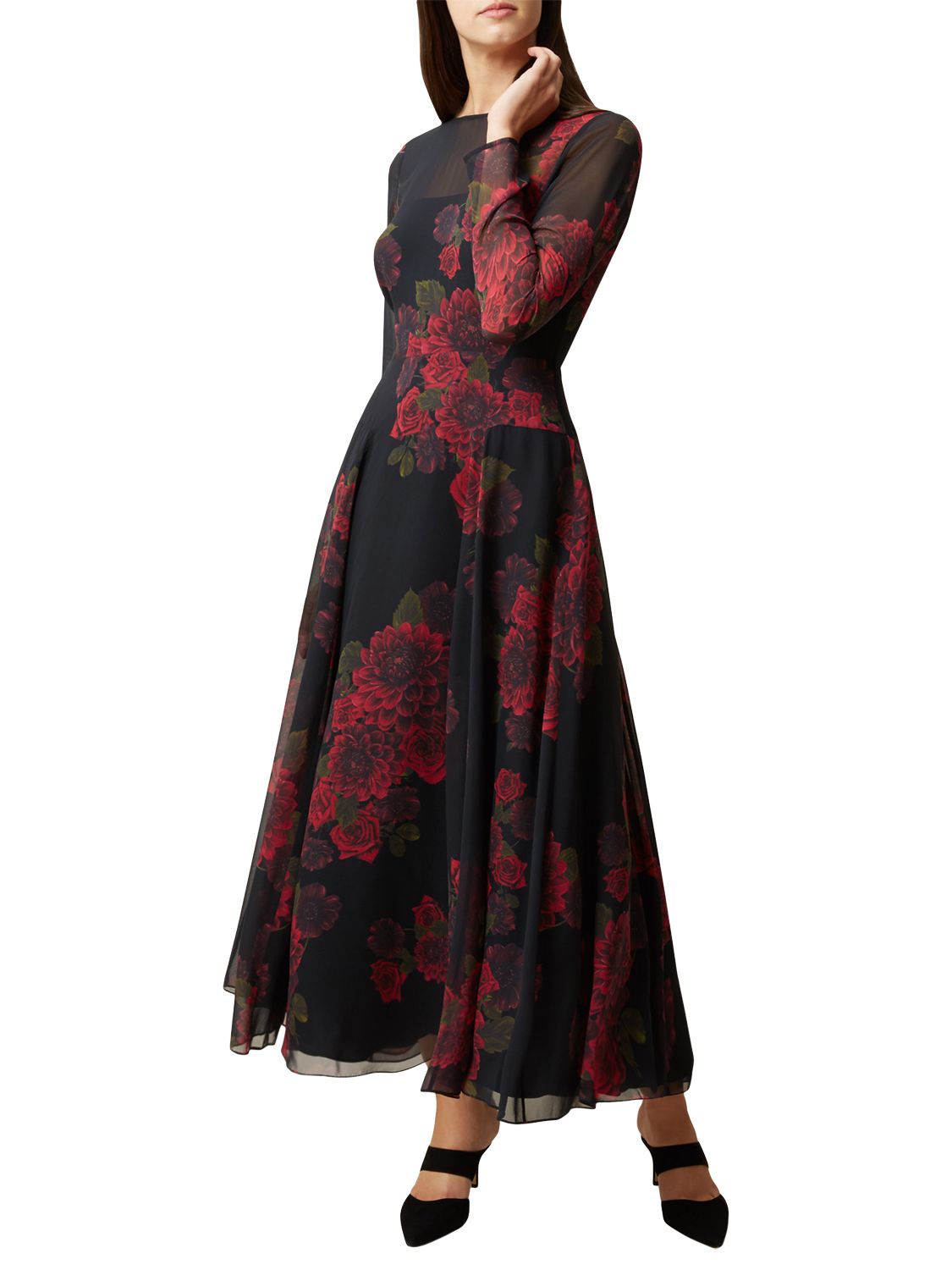 Hobbs Silk Rose Dress, Black/Red | 6 at John Lewis