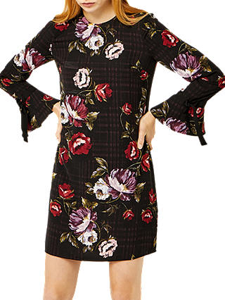 Warehouse Country Rose Tie Cuff Dress, Black Print