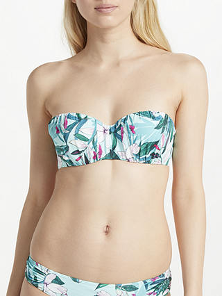 John Lewis & Partners Jungle Leaf Ruched Bandeau Bikini Top, Aqua/Multi