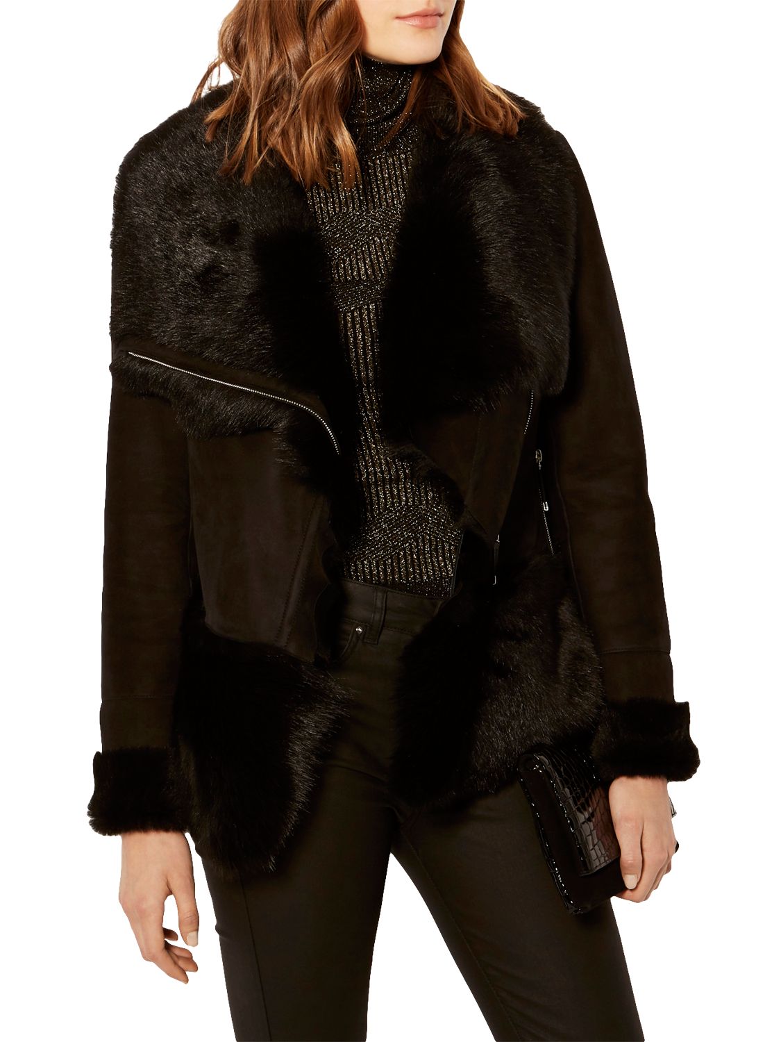 Karen Millen Luxury Shearling Leather Jacket, Black