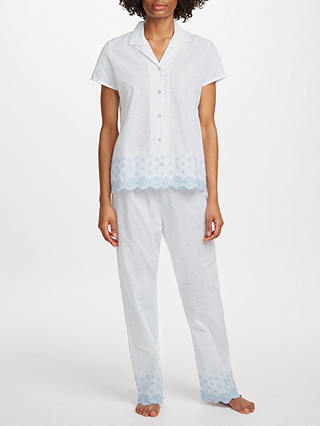 John Lewis & Partners Circle Flower Embroidered Pyjama Set, White/Blue