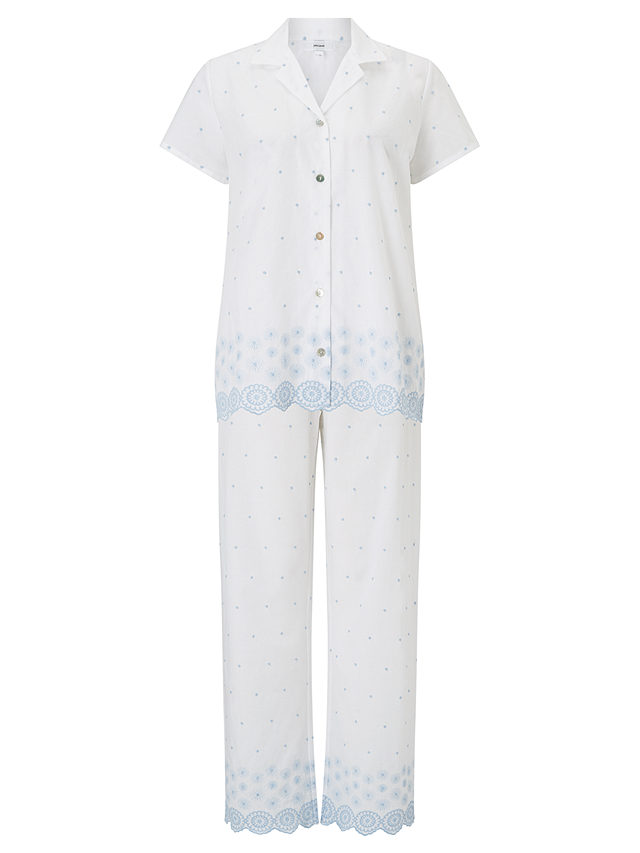 John Lewis & Partners Circle Flower Embroidered Pyjama Set, White/Blue, 8