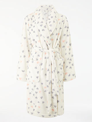 John Lewis & Partners Heart Print Fleece Dressing Gown, Ivory/Multi
