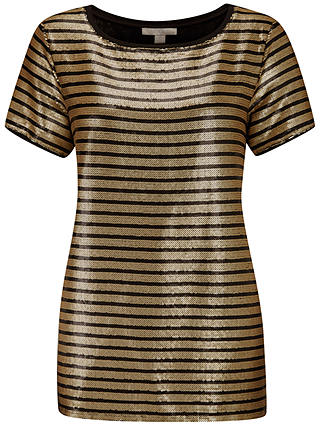 Pure Collection Sequin Stripe T-Shirt, Gold/Black