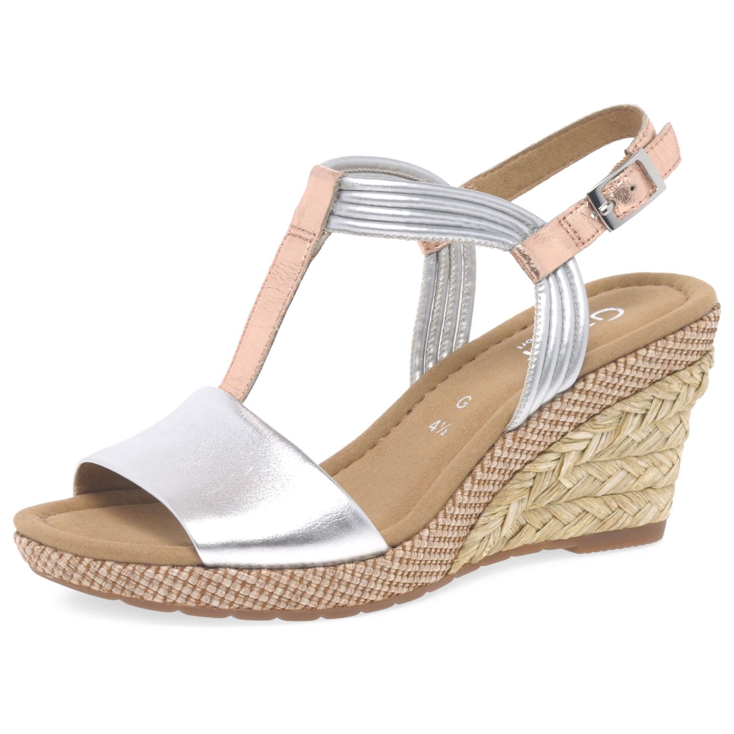 Gabor Jess Wide Fit Wedge Heeled Sandals, Silver Leather at John Lewis