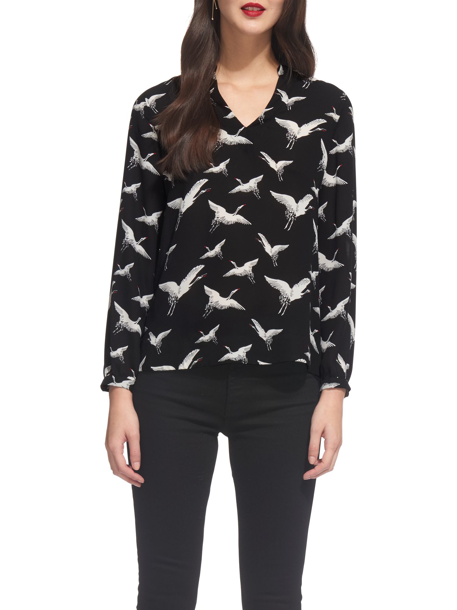 Whistles Tia Crane Print V-Neck Blouse, Black/White at John Lewis ...