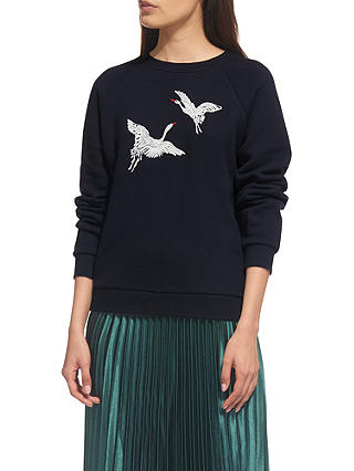 Whistles Crane Embroidered Sweat Top, Navy