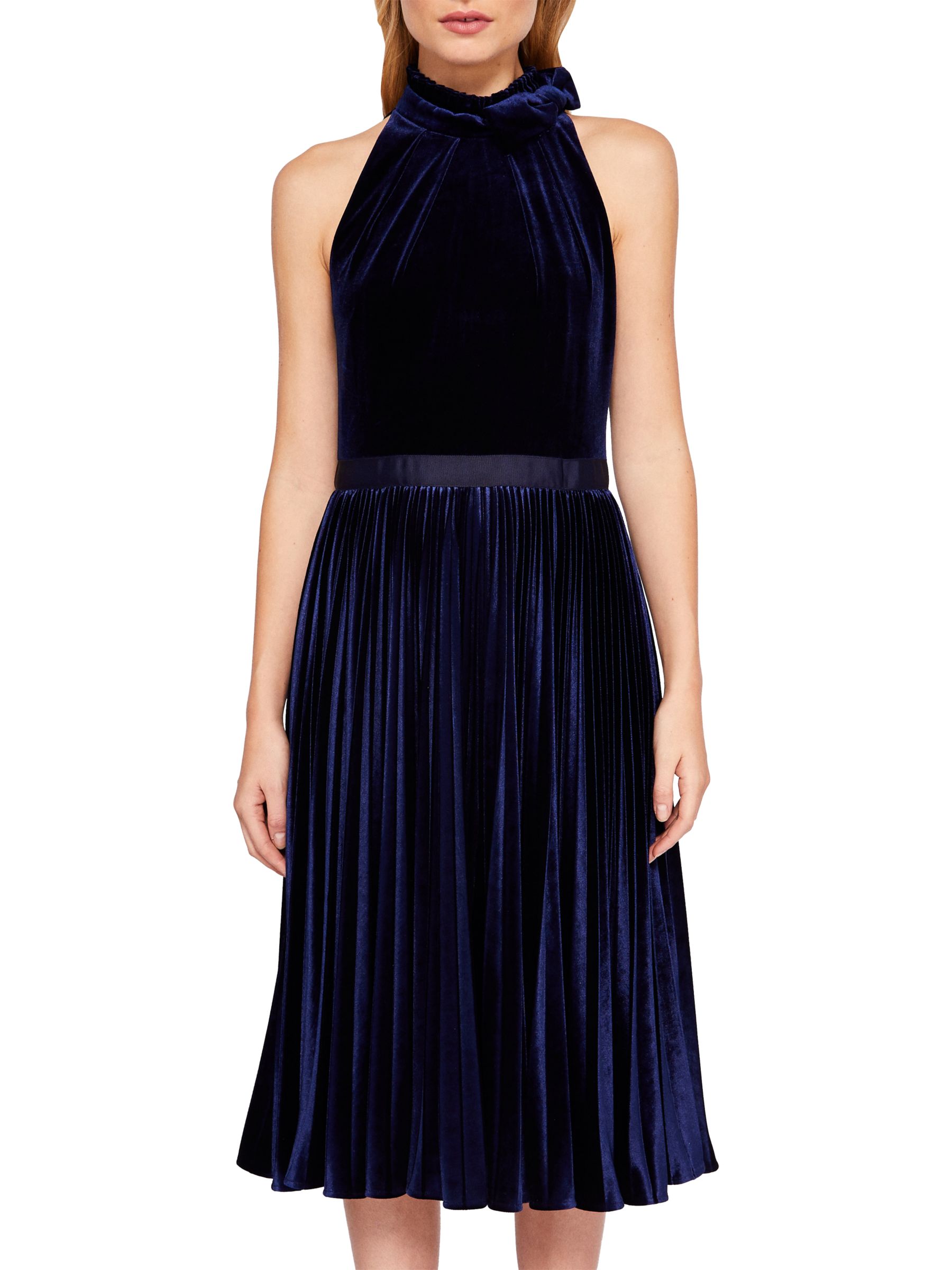 Ted Baker Cornela Pleated Velvet Midi Dress, Dark Blue