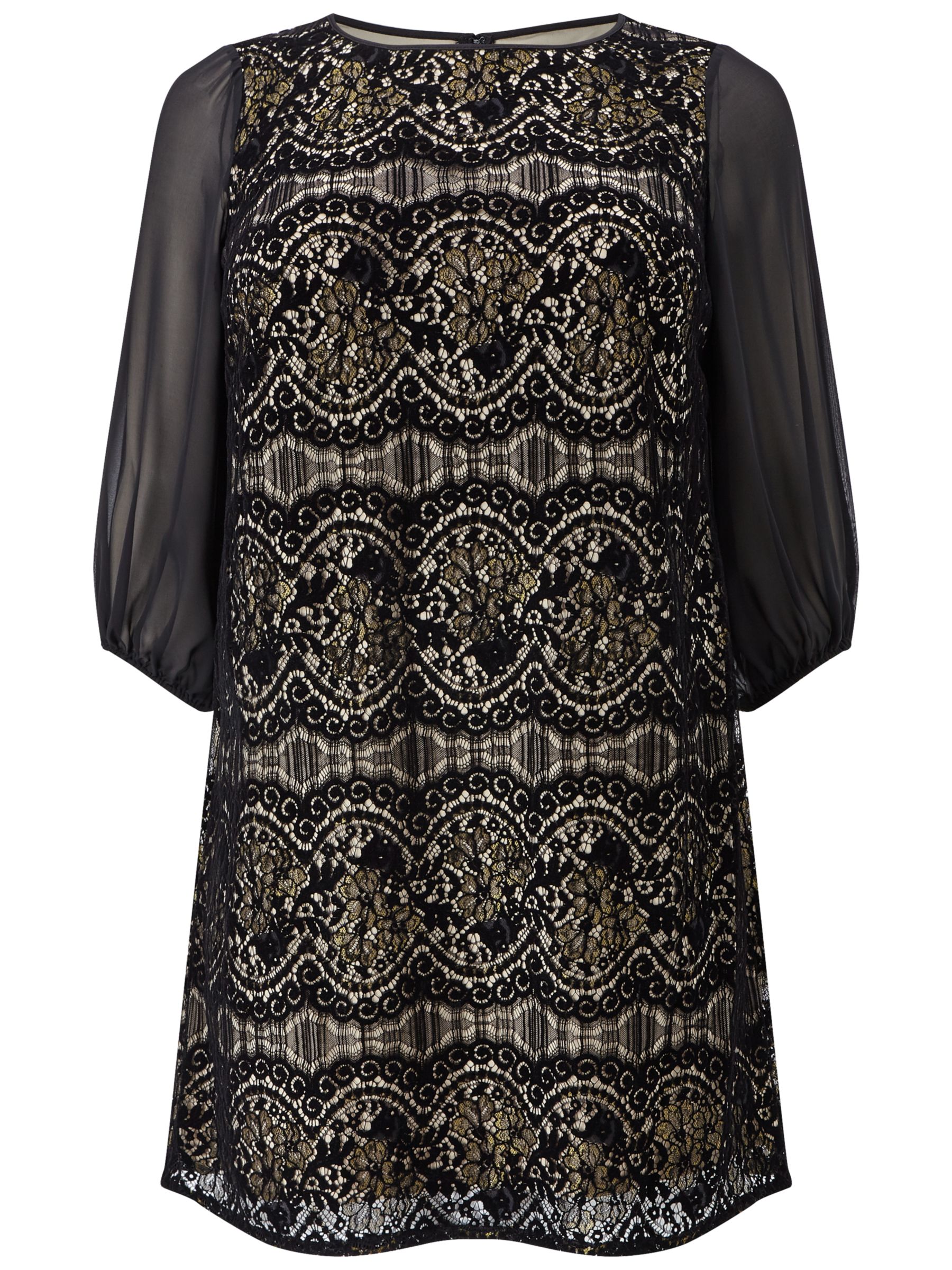 Adrianna Papell Plus Size Scalloped Lace Shift Dress, Black/Champagne