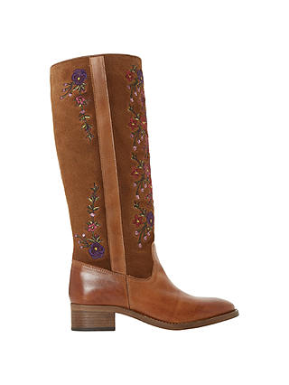 Bertie Tilde Embroidered Knee High Boots, Tan Suede/Leather