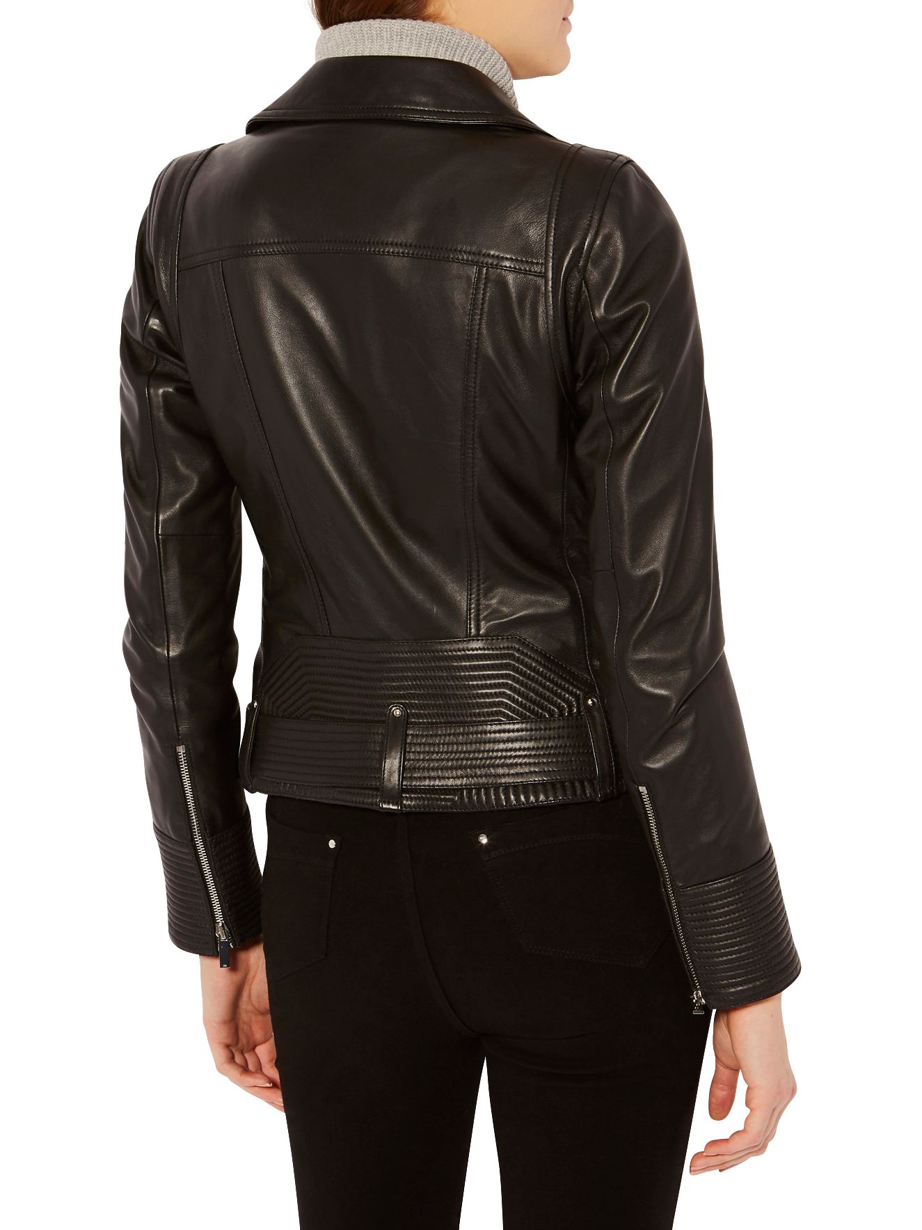Karen Millen Strong Shoulder Leather Biker Jacket, Black at John Lewis ...