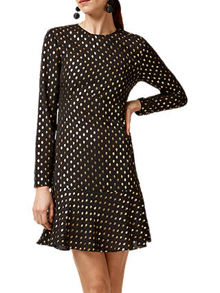 Warehouse Metallic Spot Pattern Ruffle Hem Dress, Black/Gold