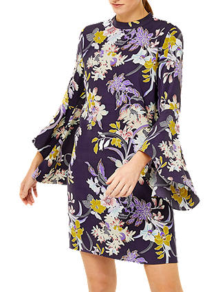 Warehouse Orchid Flared Cuff Dress, Purple Pattern