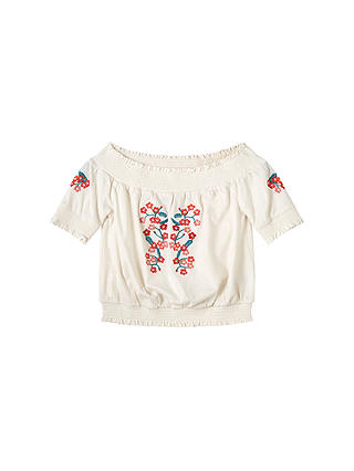 John Lewis & Partners Girls' Embroidered Off Shoulder Top, White