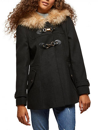 Miss Selfridge Petite Duffle Faux Fur Coat, Black