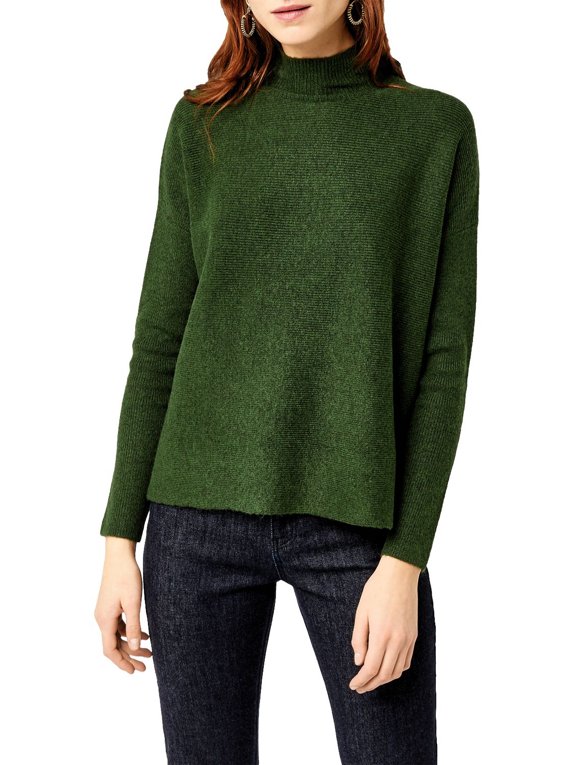 Warehouse Boxy Funnel Neck Ribbed Jumper, Dark Green at John Lewis ...