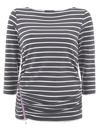 Mint Velvet Contrast Zip Stripe T-Shirt, Grey Stripe