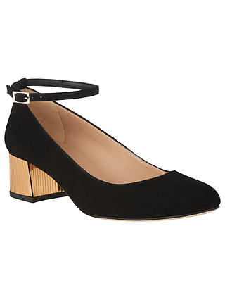 L.K. Bennett Alba Block Heeled Court Shoes, Black Suede/Gold