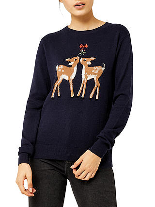 Warehouse Embroidered Christmas Deer Jumper, Navy