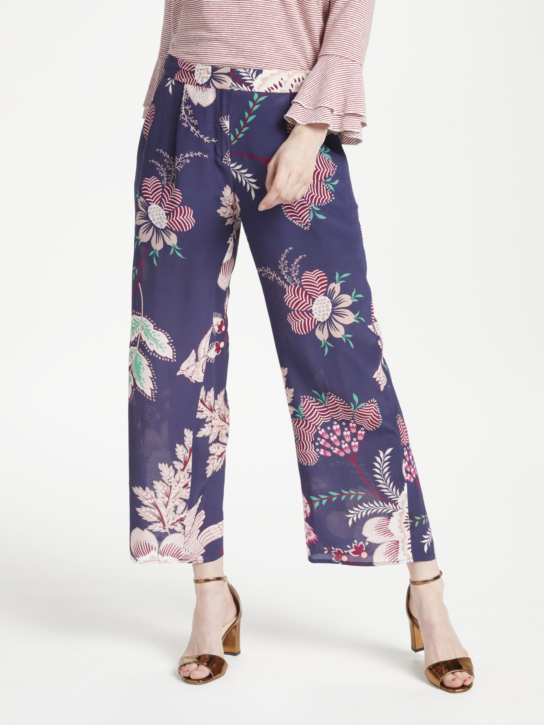 Marella Bird Print Wide Leg Silk Trousers, Navy at John Lewis & Partners