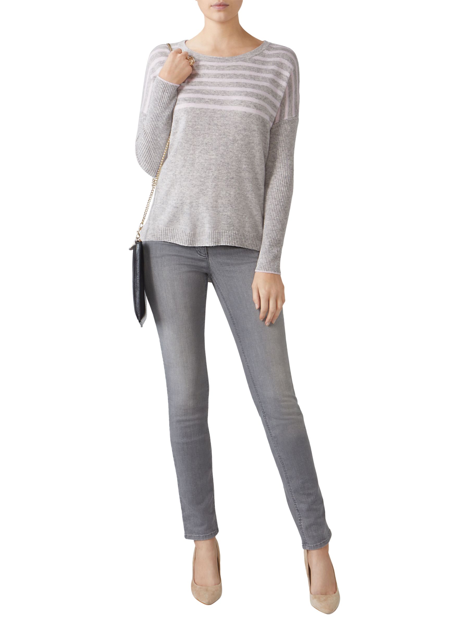 Pure Collection Striped Dipped Hem Jumper, Heather Dove/Rosemist