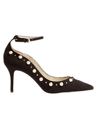 Karen Millen Pearl Ankle Strap Court Shoes, Black Leather