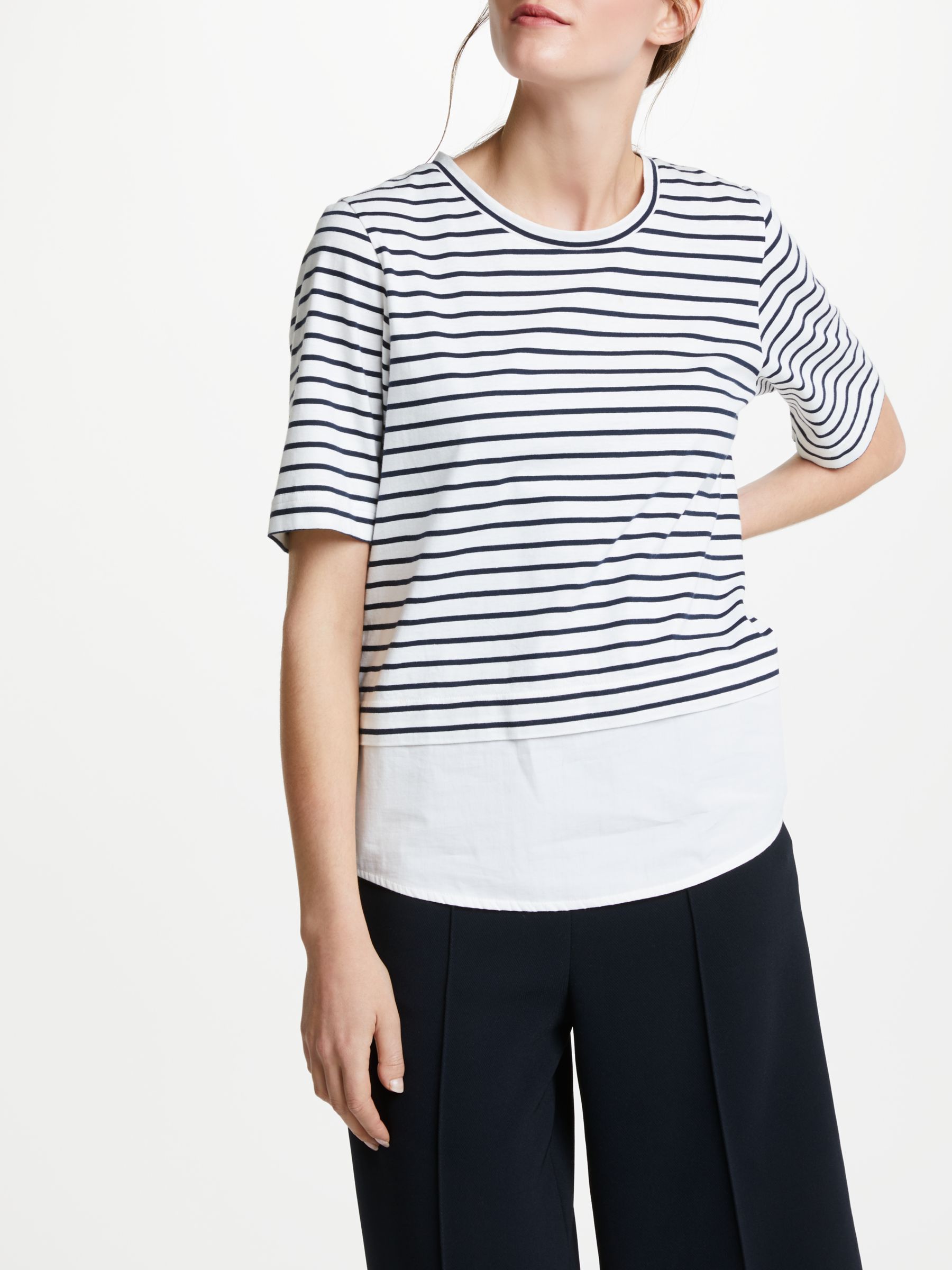 Kin Jersey Stripe T-Shirt With Woven Hem, Navy/White, 10
