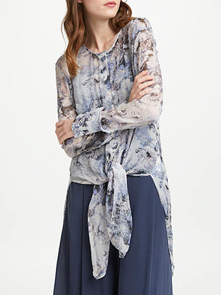 Modern Rarity Mottled Floral Archive Print Tie Front Tunic Blouse, Cornflower