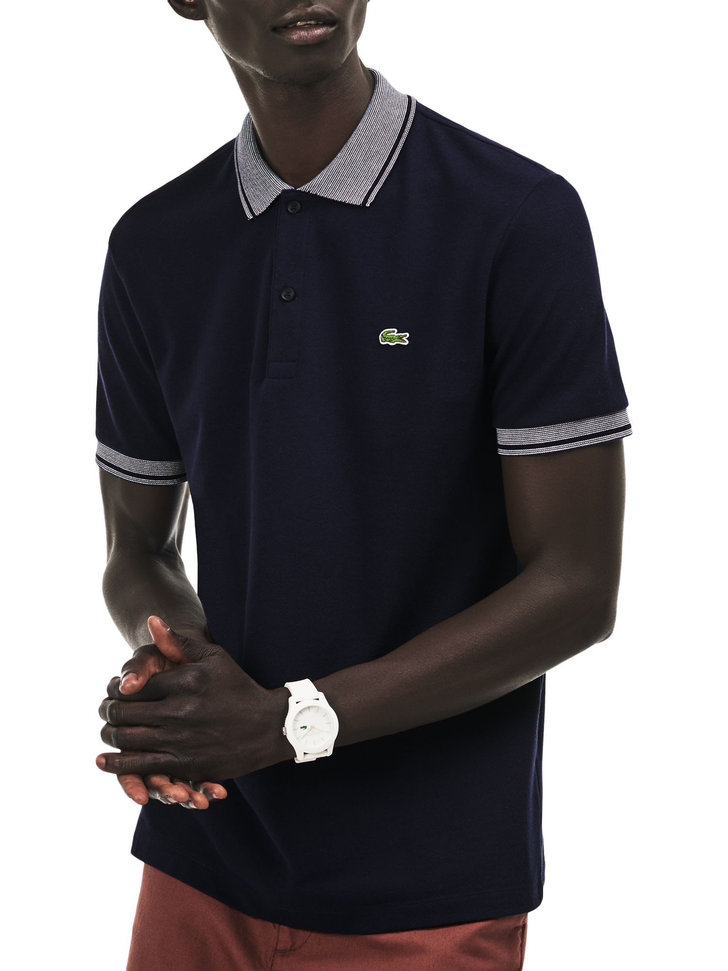 Lacoste Regular Fit Woven Collar Short Sleeve Polo Shirt, Navy/White, L
