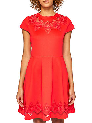 Ted Baker Cheskka Lace and Mesh Detail Skater Dress, Bright Red