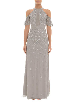 Adrianna Papell Cold Shoulder Bead Dress, Platinum
