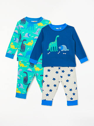 John Lewis & Partners Baby GOTS Organic Cotton Dinosaur Pyjamas, Pack of 2, Blue/Green