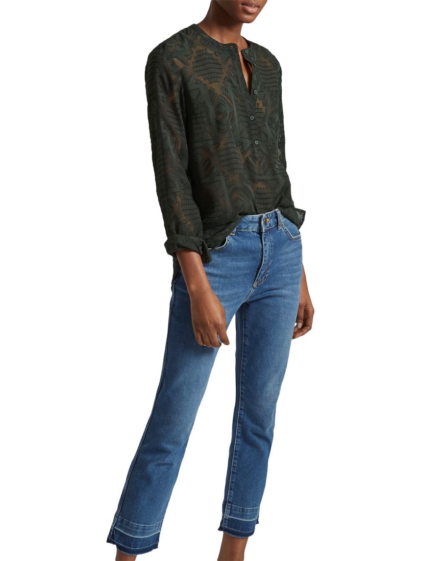 French Connection Edna Fil De Coupe Collarless Shirt, Ink Green