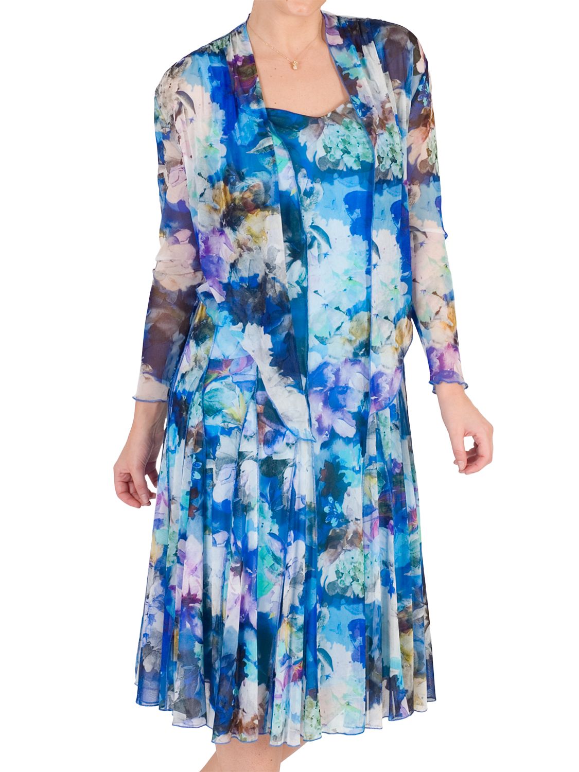 Chesca Floral Print Mesh Dress and Bolero, Blue/Multi
